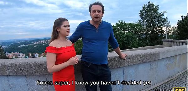  HUNT4K. Prague girl in beautiful red dress takes it off for cash with dads permission